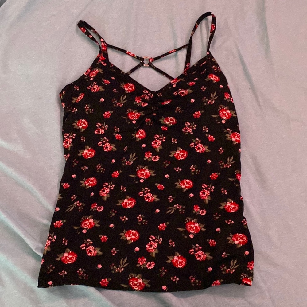 floral tank top, cross back.